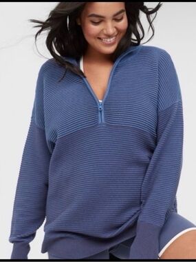 OFFLINE by Aerie Home Stretch Ribbed Quarter Zip Sweater Blue Size L